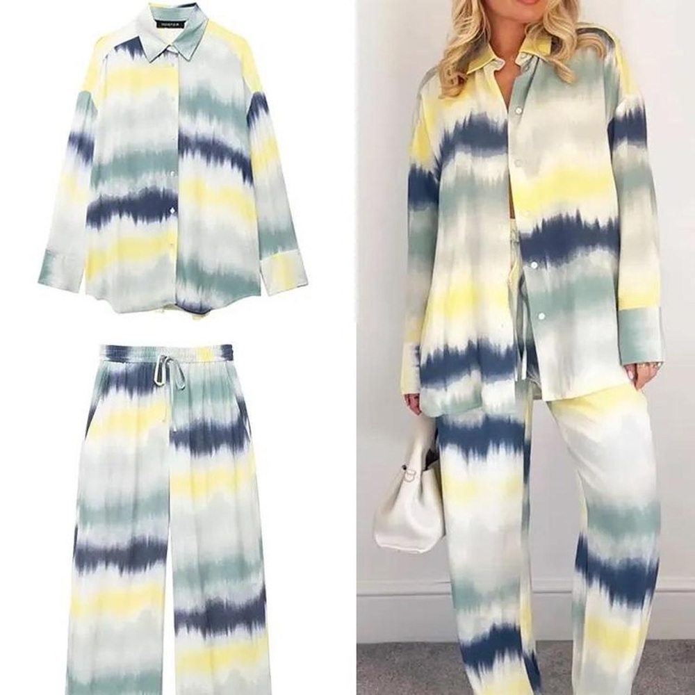 Zara 2 piece outfit Stylish Tie-Dye Women’s Pants & Shirt Set vacation boho XS/S
